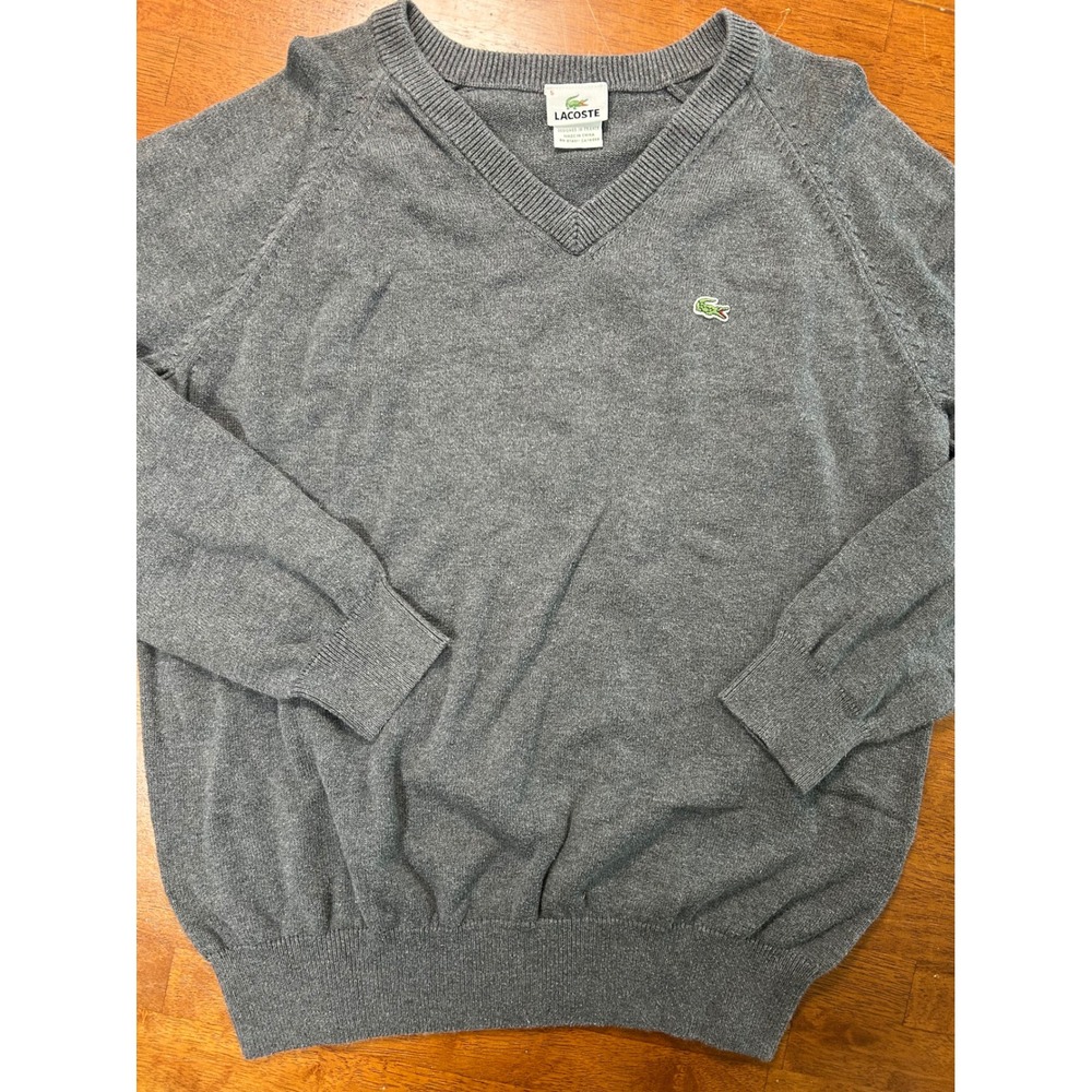 Lacoste V-Neck Sweater Mens Size 5 Grey Cotton Pullover Embroidered Logo